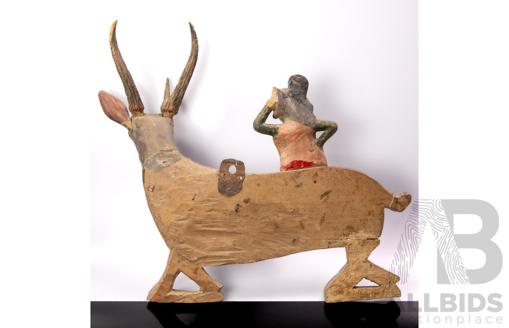 Antique Wooden Indian Nandi Goddess Riding Deer with Polychrome Decoration