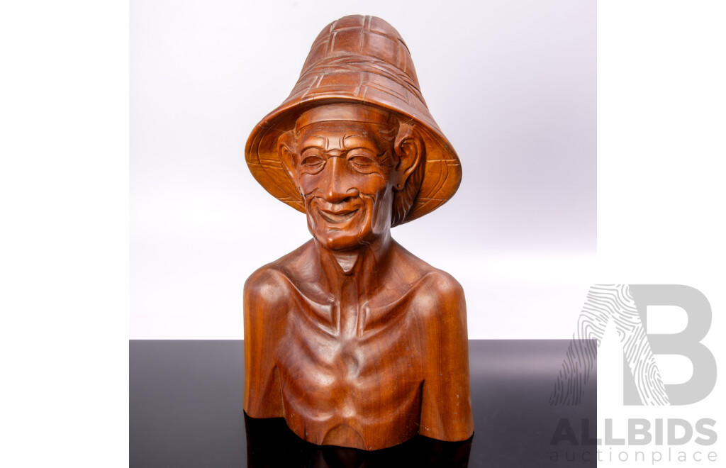 Vintage Carved Wooden Indonesian Balinese Bust of Local with Woven Hat