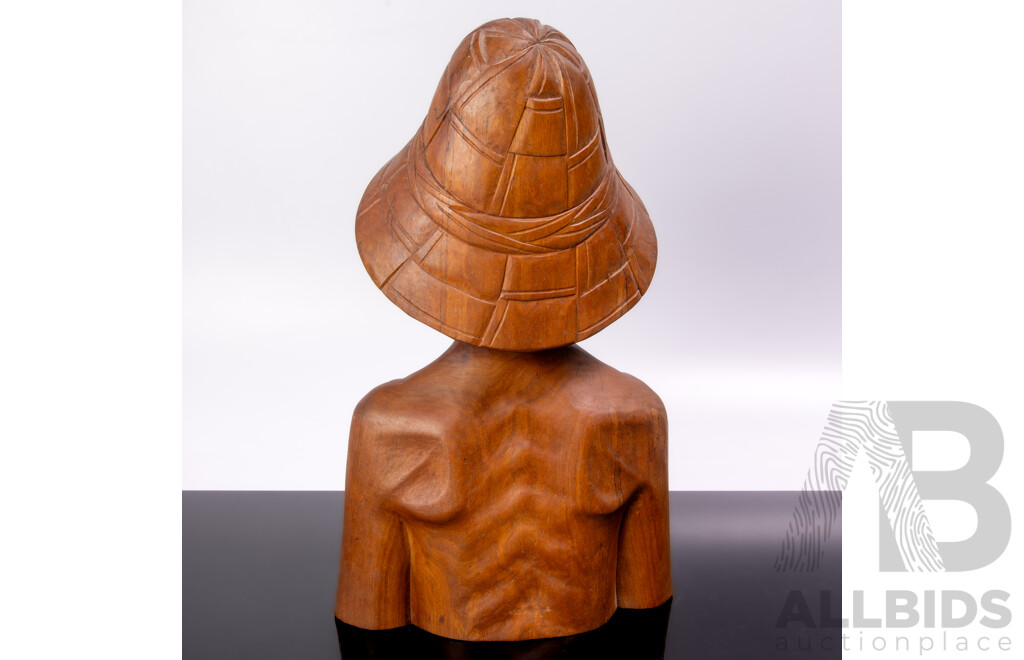 Vintage Carved Wooden Indonesian Balinese Bust of Local with Woven Hat