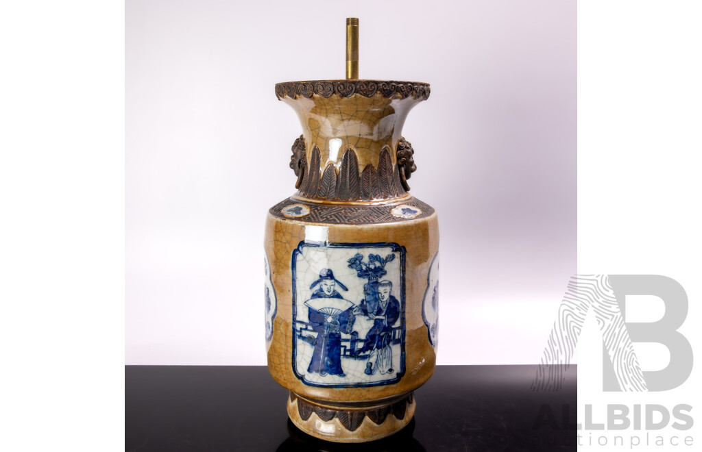 Antique Chinese Crackle Glazed Lamp Base with Twin Mask Handles & Panels with Blue and White Scenes