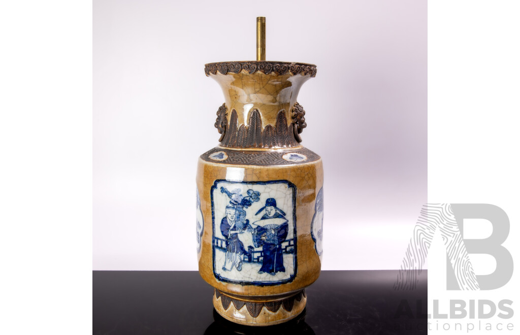 Antique Chinese Crackle Glazed Lamp Base with Twin Mask Handles & Panels with Blue and White Scenes