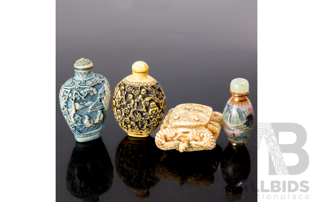 Collection Four Antique Chinese Snuff Bottles Comprising Bone Crab Form Example, Two Composite Examples & Glass Example with Reverse Painted Scene