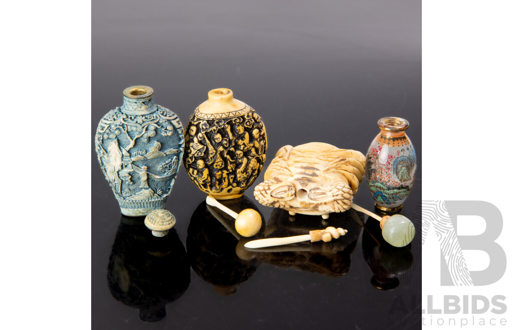 Collection Four Antique Chinese Snuff Bottles Comprising Bone Crab Form Example, Two Composite Examples & Glass Example with Reverse Painted Scene