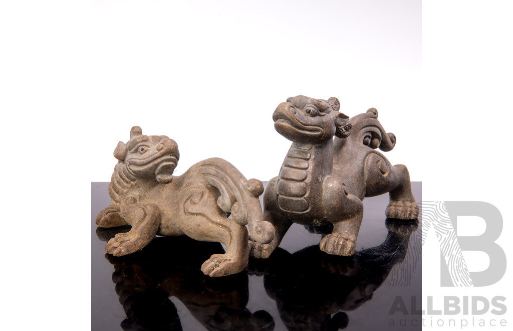 Pair Vintage Chinese Pottery Foo Lion Figures