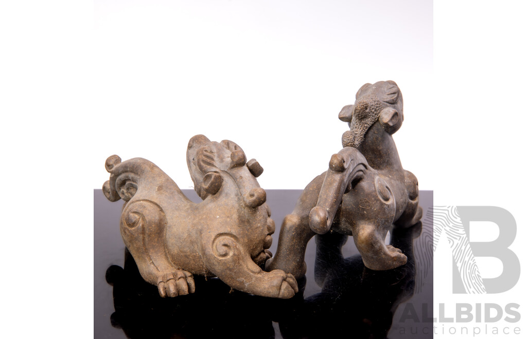 Pair Vintage Chinese Pottery Foo Lion Figures
