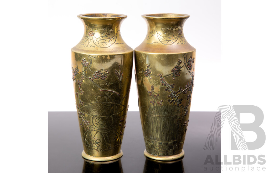 Pair Antique Japanese Brass with Copper Relief Foliate Garden Scenes