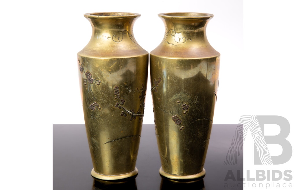 Pair Antique Japanese Brass with Copper Relief Foliate Garden Scenes