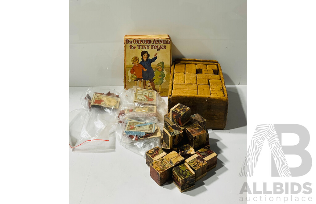 Collection of Vintage Children’s Books and Toys Including Block Puzzles, the Oxford Annual for Tiny Folks and More