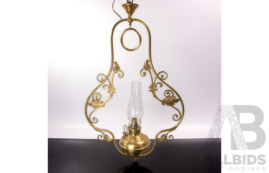 Vintage Hanging Brass Ceiling Edward Miller & Co Lamp, Converted to Electricity, with Glass Flue