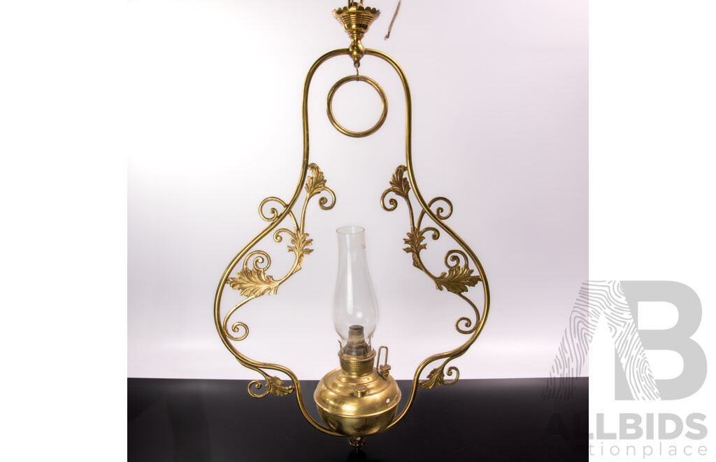 Vintage Hanging Brass Ceiling Edward Miller & Co Lamp, Converted to Electricity, with Glass Flue