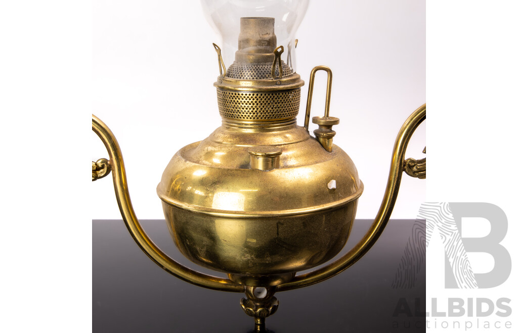Vintage Hanging Brass Ceiling Edward Miller & Co Lamp, Converted to Electricity, with Glass Flue