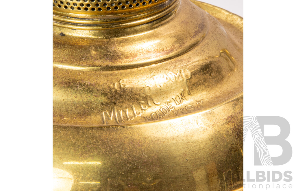 Vintage Hanging Brass Ceiling Edward Miller & Co Lamp, Converted to Electricity, with Glass Flue