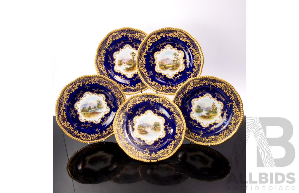 Collection Five Antique English Coalport Porcelain Cabinet Plates with Hand Painted Country Scenes and Gilt Detail by E O Ted Ball