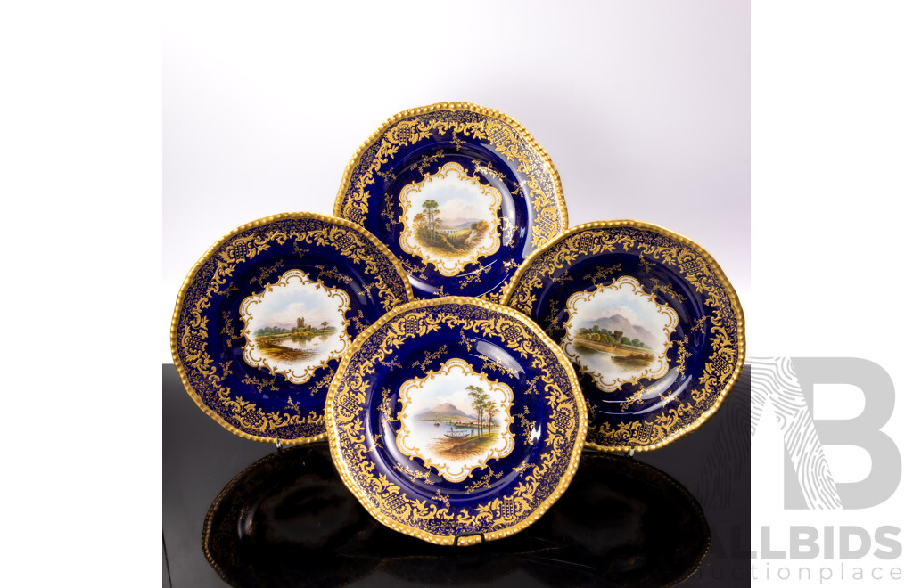 Collection Four Antique English Coalport Porcelain Cabinet Plates with Hand Painted Country Scenes and Gilt Detail by E O Ted Ball