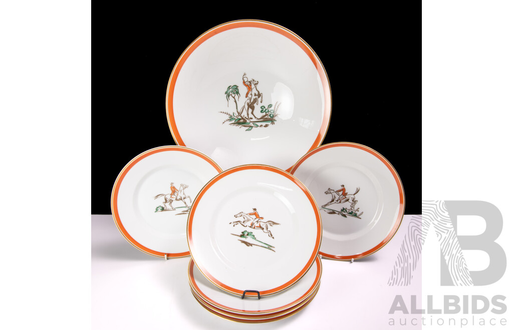 Mid Century Royal Copenhagen Porcelain Seven Piece Set with Equestrian Scenes