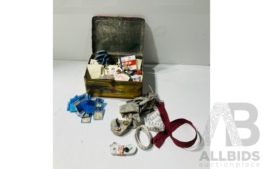 Collection of Sewing Paraphernalia Including Buttons, Needles Pins and More in Vintage Tin Box