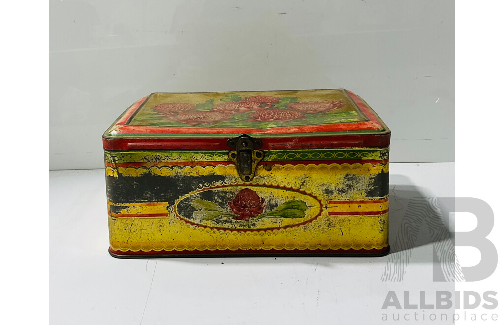 Collection of Sewing Paraphernalia Including Buttons, Needles Pins and More in Vintage Tin Box
