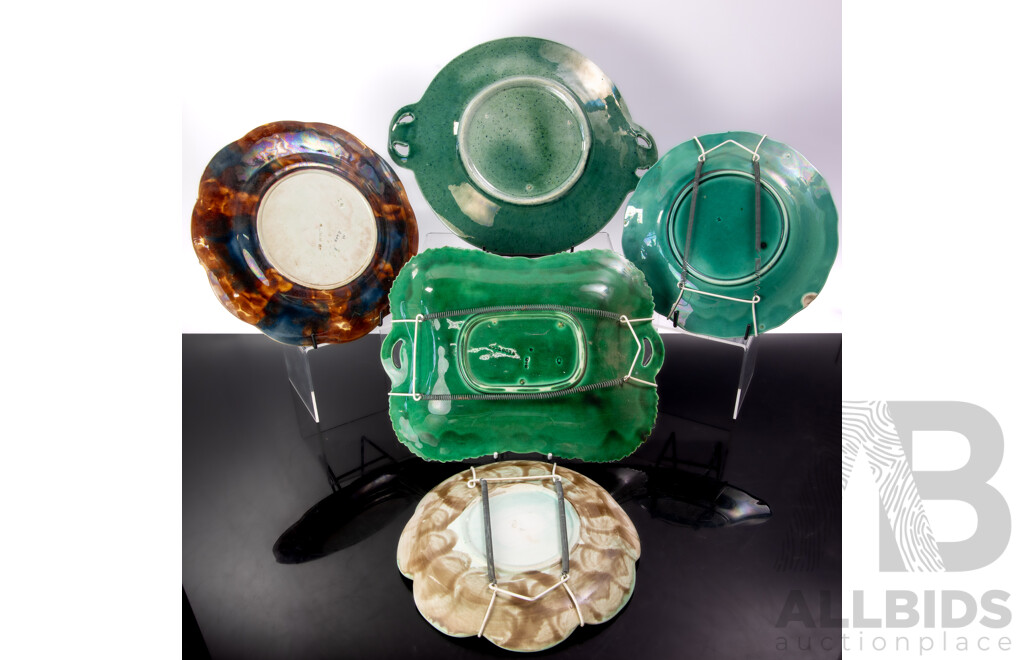 Collection Antique Wedgwood & Other Majolica Green Leaf Plates Including Interesting Blue Example with Eastern Scene to Centre, Circa 1880s