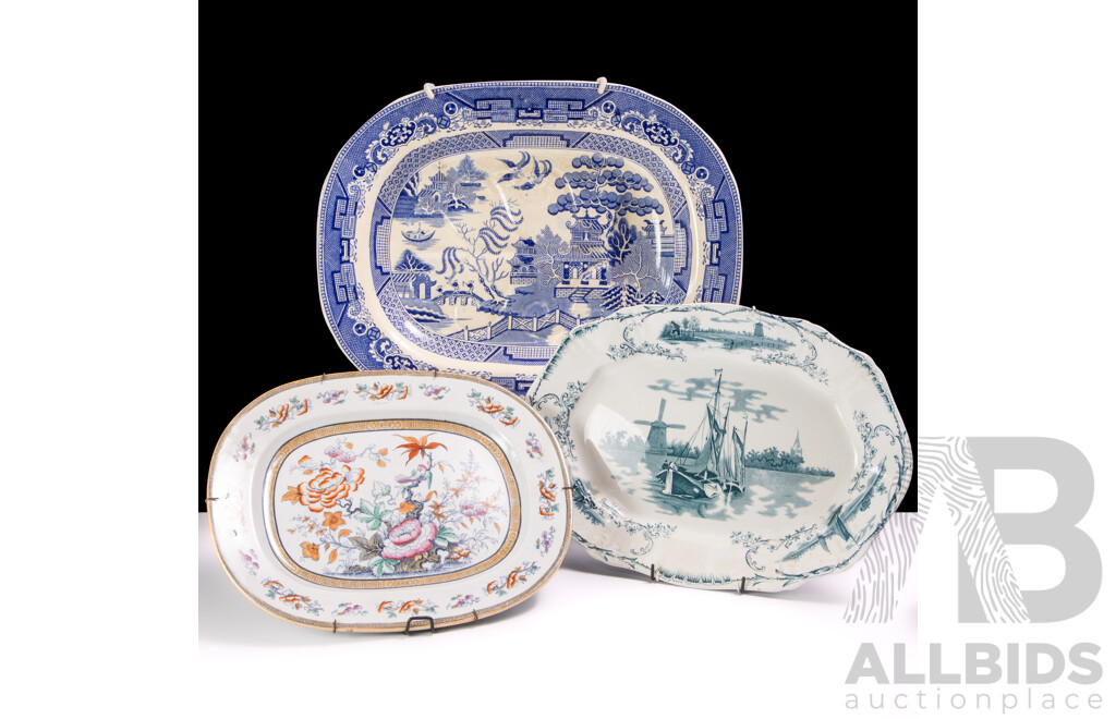 Collection Three Antique English Platters Including Ironstone Example with Chinoiserie Style Decoration, Large Willow Wear Meat Dish with Draining Well and More
