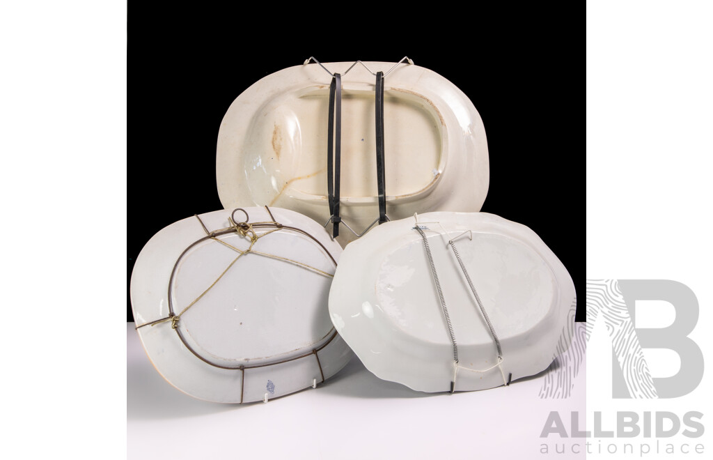 Collection Three Antique English Platters Including Ironstone Example with Chinoiserie Style Decoration, Large Willow Wear Meat Dish with Draining Well and More