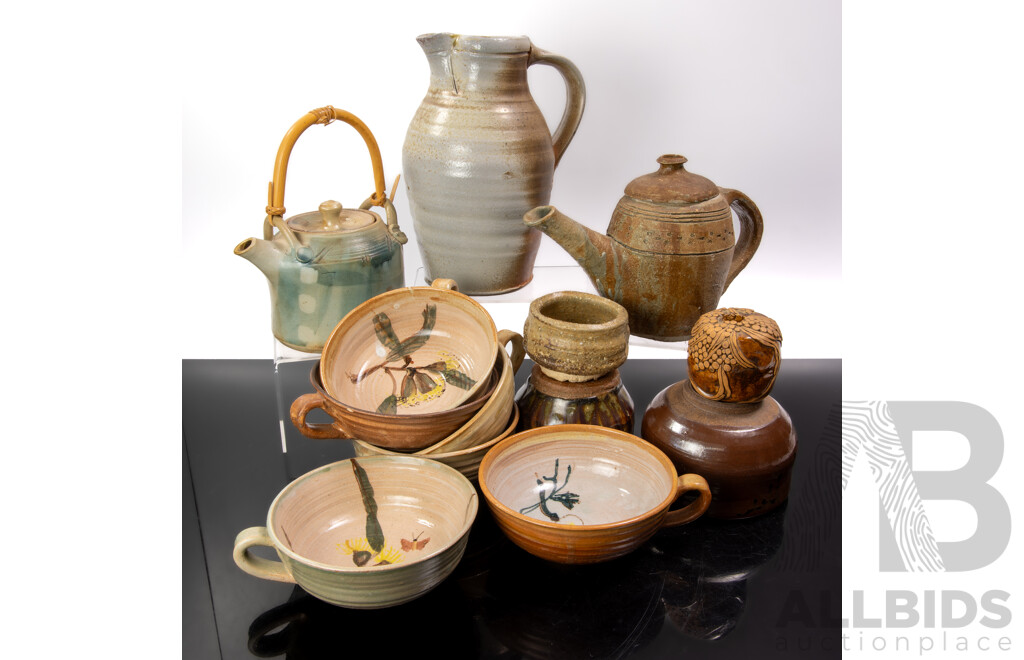Collection Australian Studio Pottery Including Set Six Coupes, Lidded Teapot and More