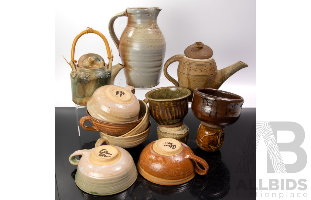 Collection Australian Studio Pottery Including Set Six Coupes, Lidded Teapot and More
