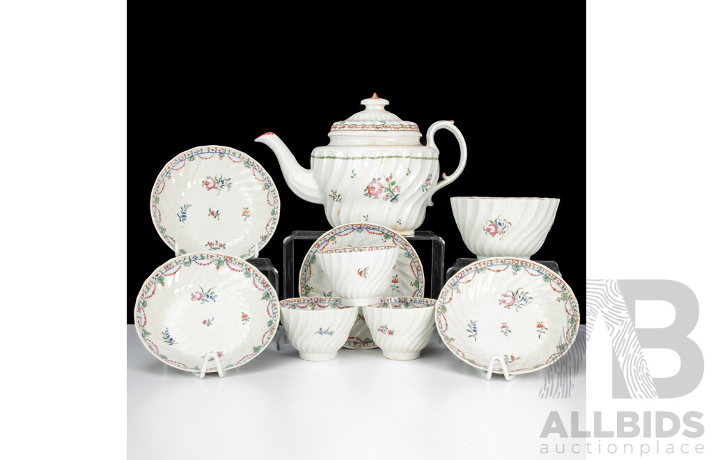 Antique Early English New Hall Porcelain Nine Piece Tea Service in Chinese Export Style with Hand Painted Decoration, Circa 1790s