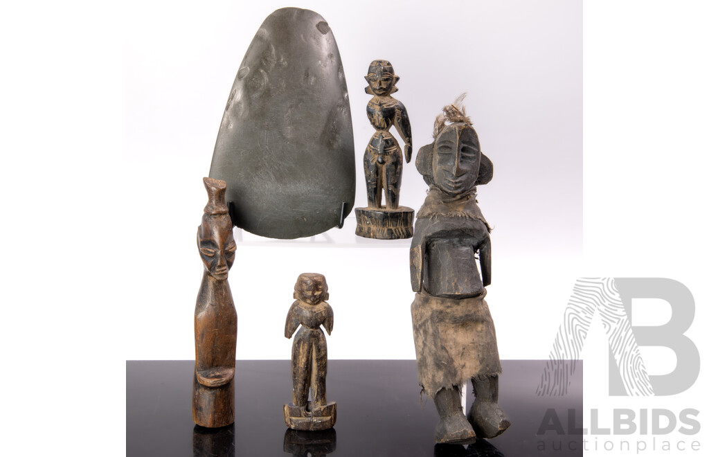 Collection Antique Tribal Hand Carved Pieces Including PNG Green Stone Axe Head and Four Wooden Figures