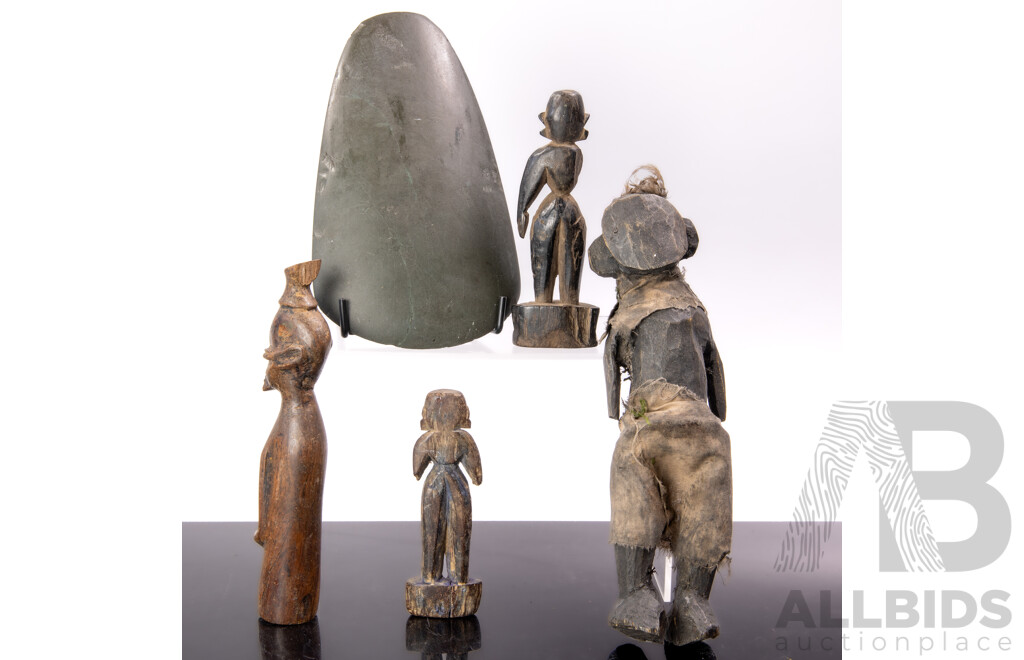 Collection Antique Tribal Hand Carved Pieces Including PNG Green Stone Axe Head and Four Wooden Figures