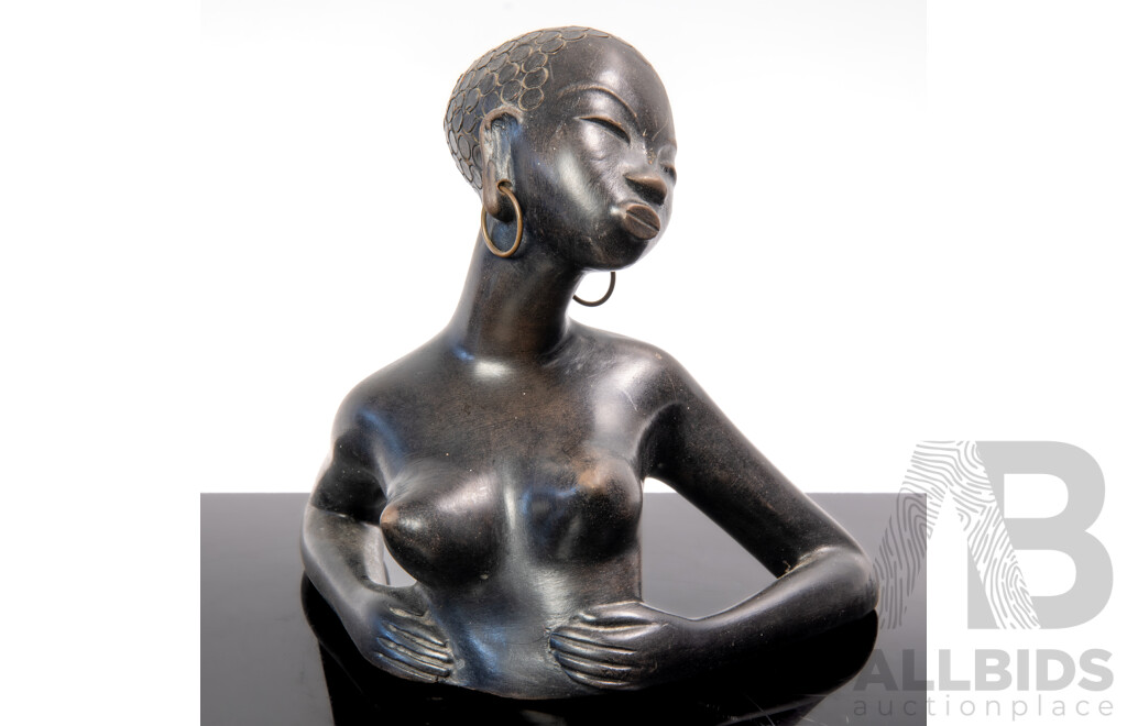 Fantastic Vintage Austrian Art Deco Leopold Anzengruber African Lady Bust with Brass Hoop Earings