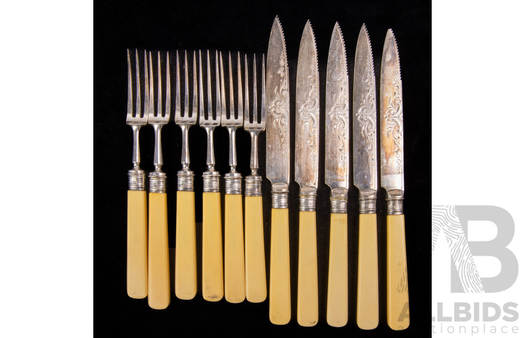 Antique  11 Piece Dessert Flatware Set with Sterling Silver Ferules, Bone Handles & Engraved Blades, Sheffield 1912
