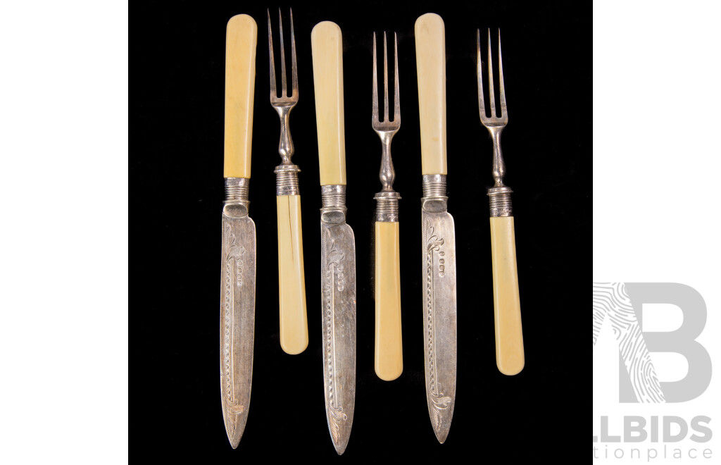 Antique Six Piece Dessert Flatware Set with Sterling Silver Ferules, Ivory Handles & Engraved Blades, Sheffield 1904