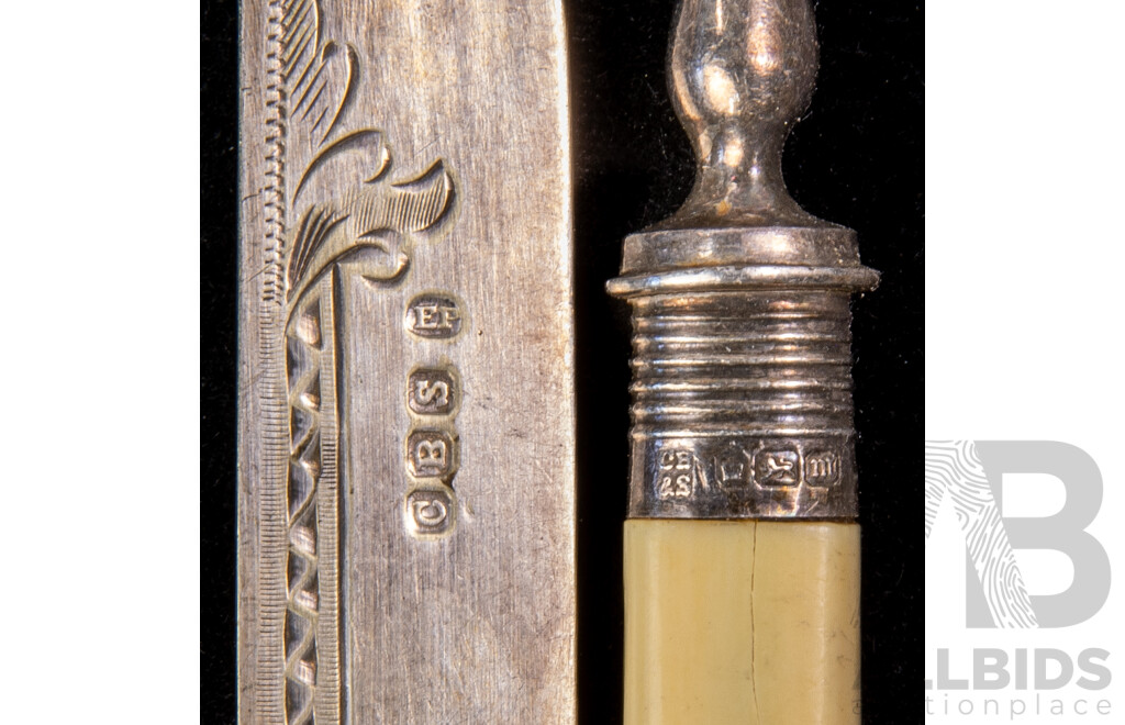 Antique Six Piece Dessert Flatware Set with Sterling Silver Ferules, Ivory Handles & Engraved Blades, Sheffield 1904