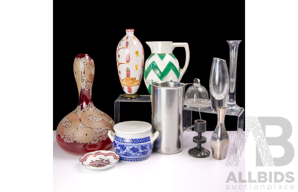 Collection Mid Century Items Including Arabia Lidded Blue & White Dish, German Max Roesler Green Zig Zag Pitcher, Danish Stainless Steel Hundtofte Jug and More
