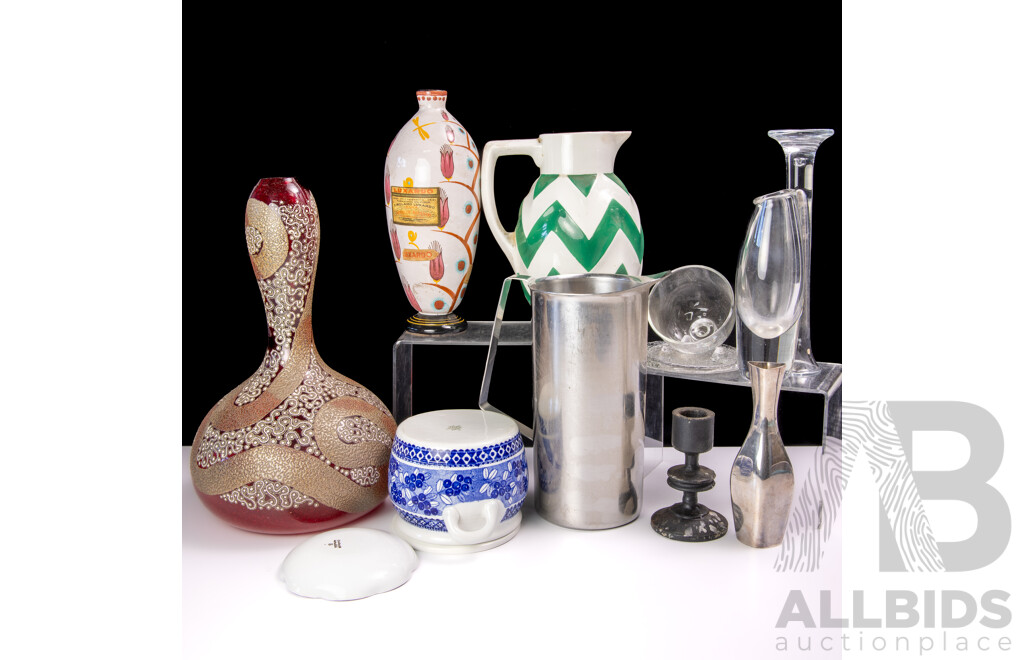 Collection Mid Century Items Including Arabia Lidded Blue & White Dish, German Max Roesler Green Zig Zag Pitcher, Danish Stainless Steel Hundtofte Jug and More