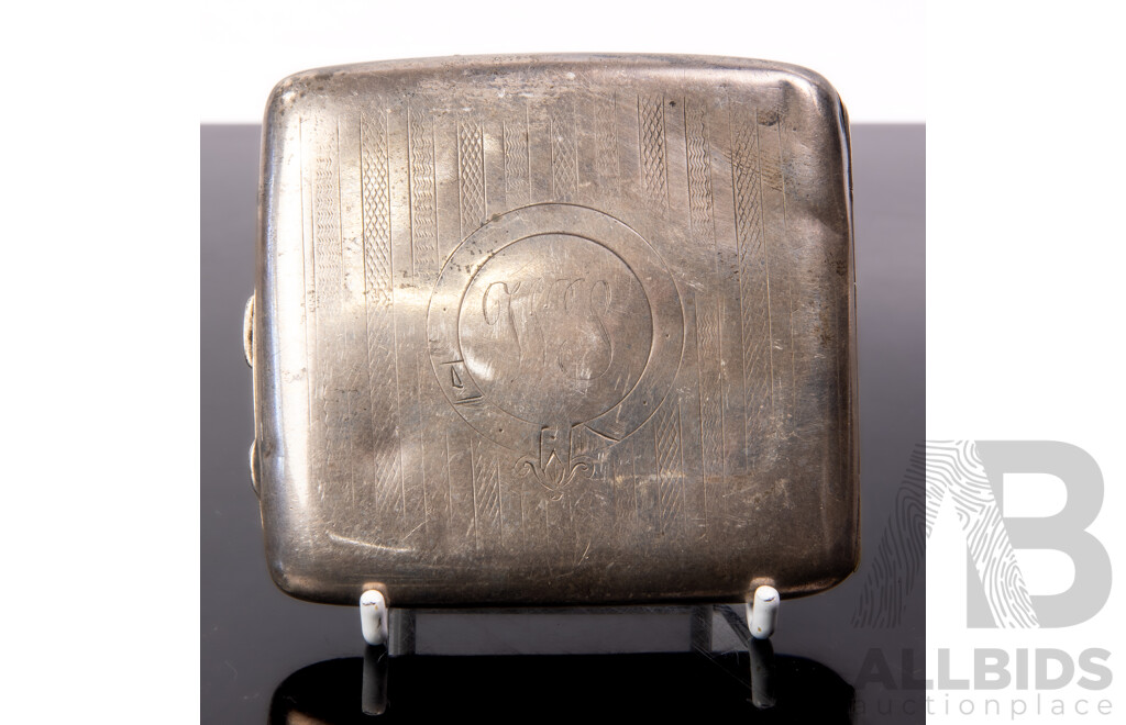 Antique Sterling Silver Cigarette Case with Engine Turned Lid, Birmingham, 1909