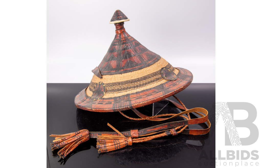 Vintage African Woven Fibre and Leather Fulani Wodaabe Shepherds Hat