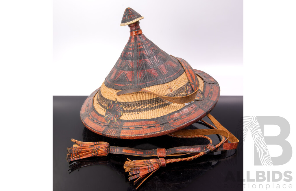 Vintage African Woven Fibre and Leather Fulani Wodaabe Shepherds Hat