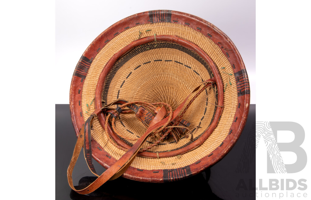 Vintage African Woven Fibre and Leather Fulani Wodaabe Shepherds Hat