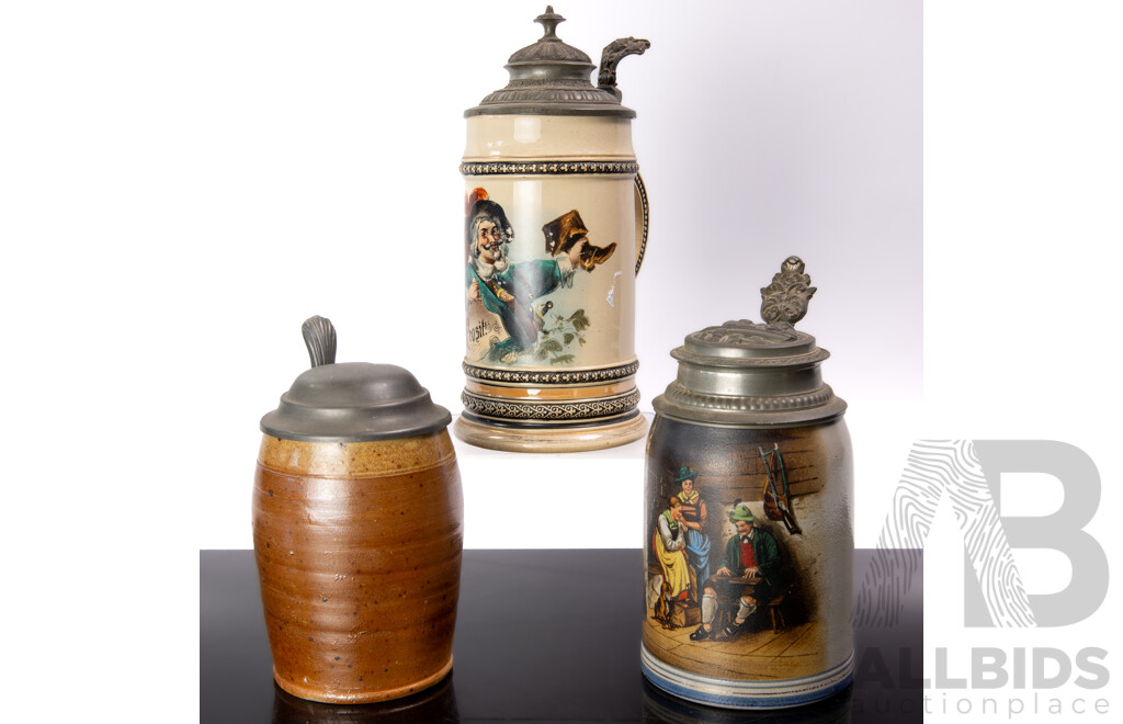 Collection Three Vintage German Beer Steins with Pewter Lids Including Brown Example by Alfred Hering