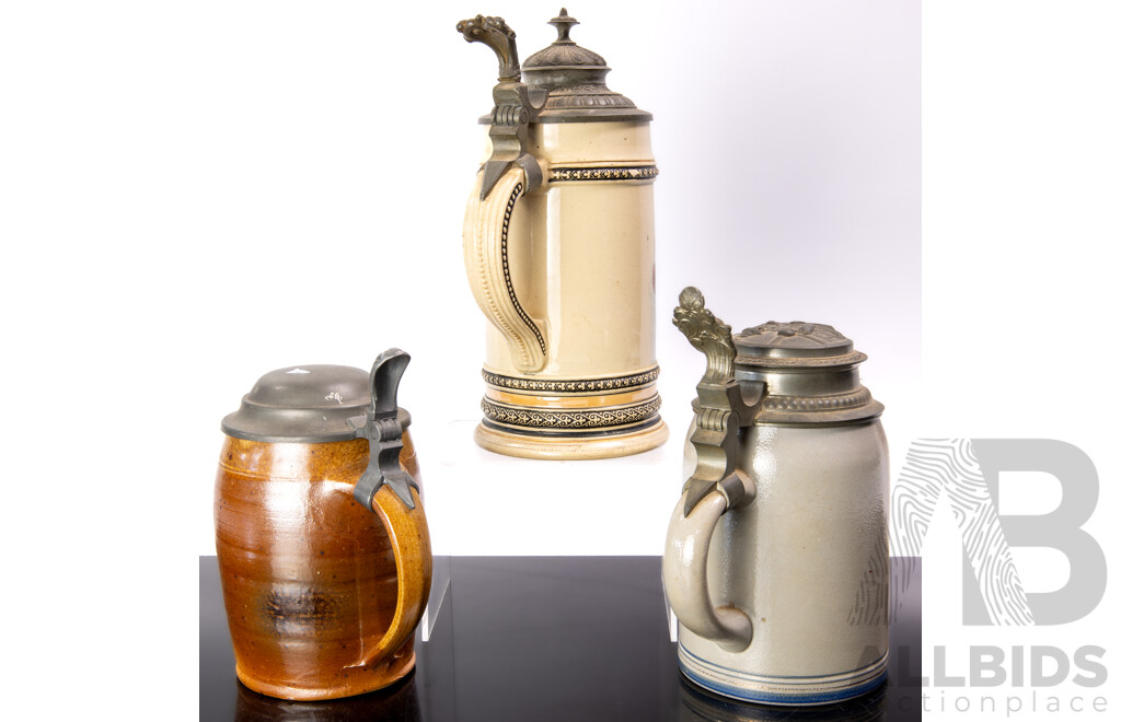 Collection Three Vintage German Beer Steins with Pewter Lids Including Brown Example by Alfred Hering