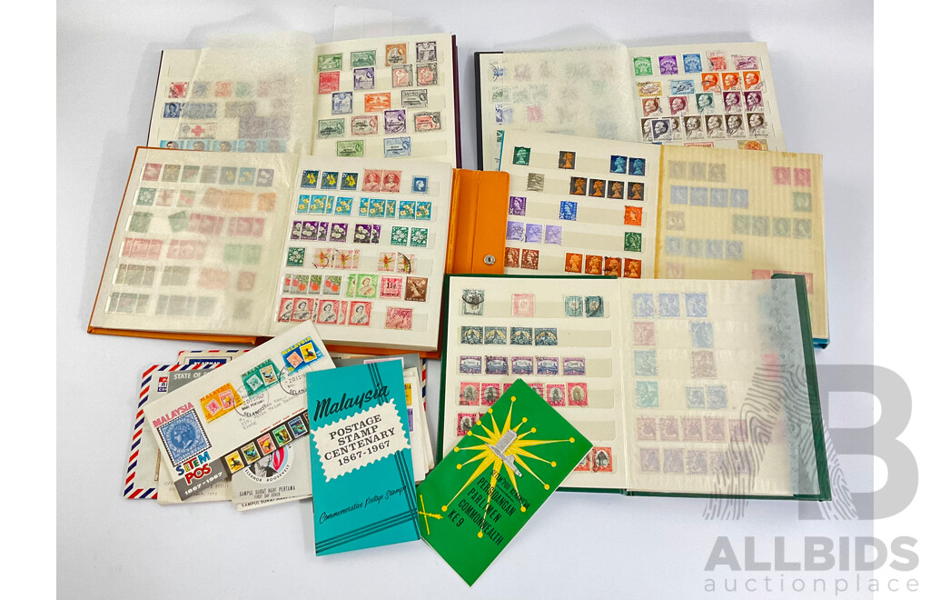 Five Albums of Vintage International Stamps Including New Zealand, Great Britain, Romania, Tonga, Pakistan, Hong Kong, France, Fiji and More with Singapore and Malaysia First Day Covers
