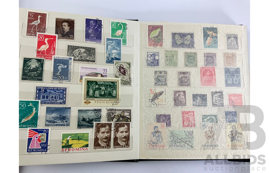 Five Albums of Vintage International Stamps Including New Zealand, Great Britain, Romania, Tonga, Pakistan, Hong Kong, France, Fiji and More with Singapore and Malaysia First Day Covers