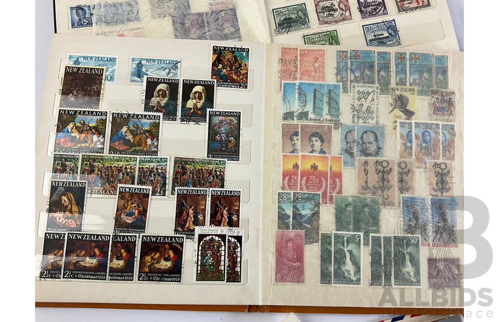 Five Albums of Vintage International Stamps Including New Zealand, Great Britain, Romania, Tonga, Pakistan, Hong Kong, France, Fiji and More with Singapore and Malaysia First Day Covers