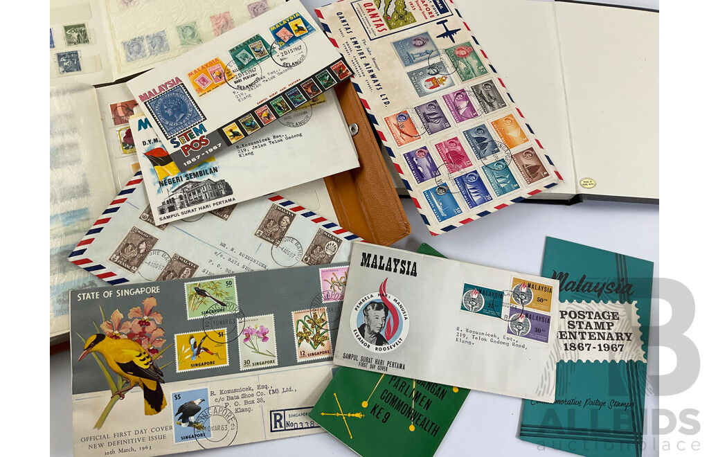 Five Albums of Vintage International Stamps Including New Zealand, Great Britain, Romania, Tonga, Pakistan, Hong Kong, France, Fiji and More with Singapore and Malaysia First Day Covers