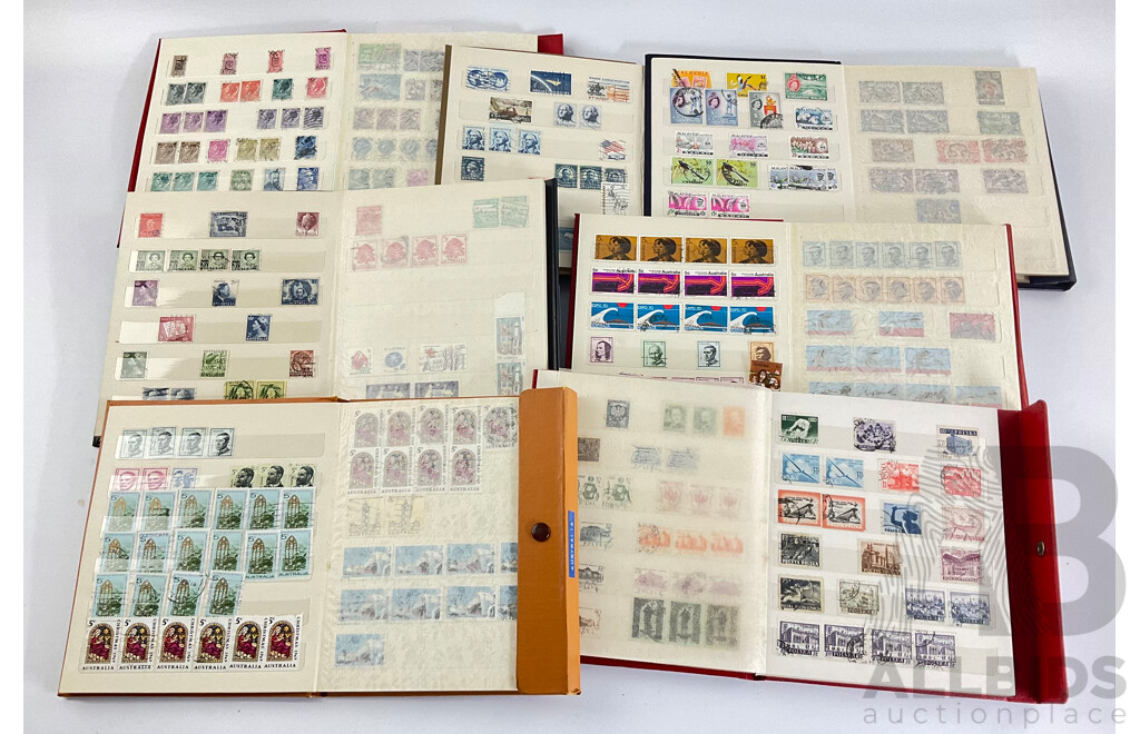 Seven Albums of Vintage International Stamps Including Australia, Poland, Singapore, Malaysia, Jamaica, Trinidad, USA, Canada, Brazil, Ireland and More