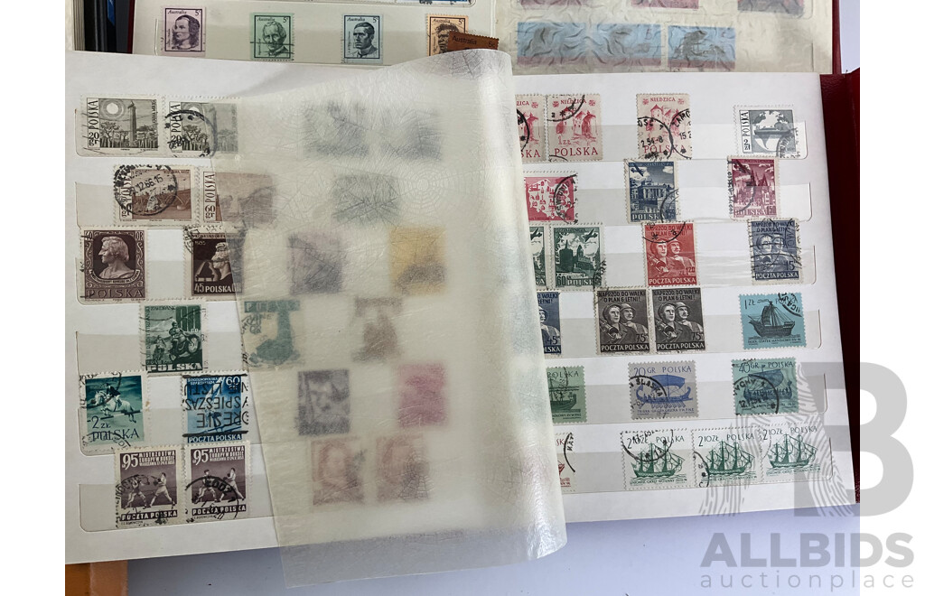 Seven Albums of Vintage International Stamps Including Australia, Poland, Singapore, Malaysia, Jamaica, Trinidad, USA, Canada, Brazil, Ireland and More