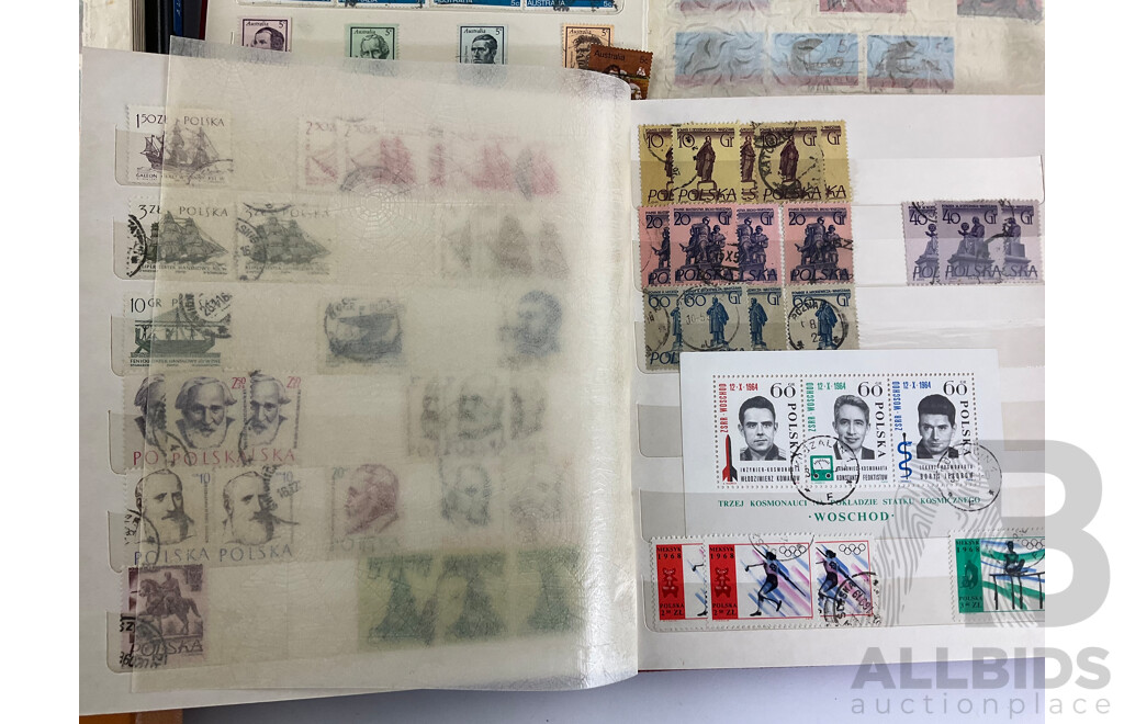 Seven Albums of Vintage International Stamps Including Australia, Poland, Singapore, Malaysia, Jamaica, Trinidad, USA, Canada, Brazil, Ireland and More