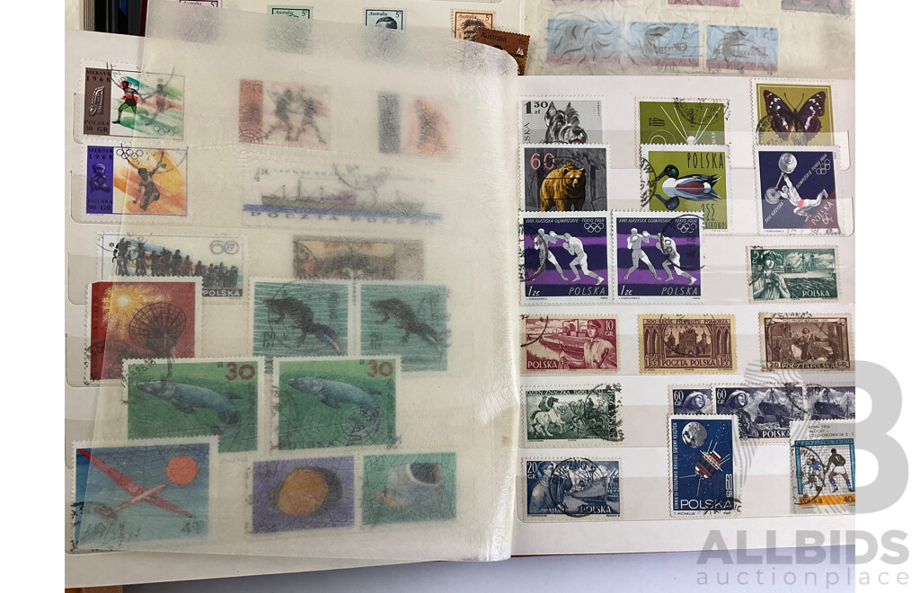 Seven Albums of Vintage International Stamps Including Australia, Poland, Singapore, Malaysia, Jamaica, Trinidad, USA, Canada, Brazil, Ireland and More