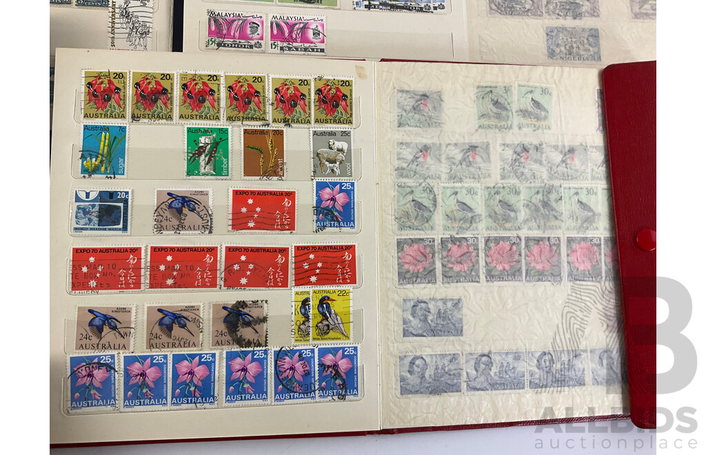 Seven Albums of Vintage International Stamps Including Australia, Poland, Singapore, Malaysia, Jamaica, Trinidad, USA, Canada, Brazil, Ireland and More